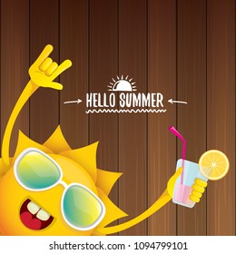 hello summer rock n roll vector label or logo. summer cocktail party poster background with funky smiling sun character wearing sunglasses and holding cocktail glass with lemon and drinking straw.