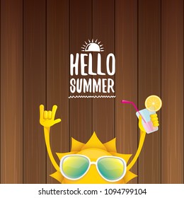 hello summer rock n roll vector label or logo. summer cocktail party poster background with funky smiling sun character wearing sunglasses and holding cocktail glass with lemon and drinking straw.