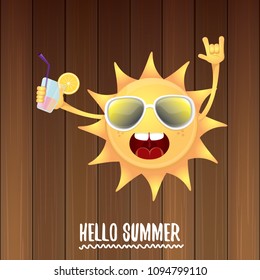 hello summer rock n roll vector label or logo. summer cocktail party poster background with funky smiling sun character wearing sunglasses and holding cocktail glass with lemon and drinking straw.