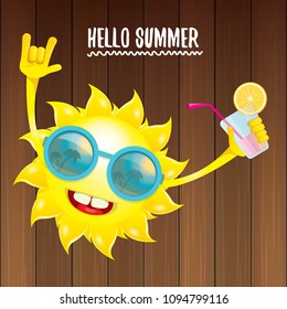hello summer rock n roll vector label or logo. summer cocktail party poster background with funky smiling sun character wearing sunglasses and holding cocktail glass with lemon and drinking straw.