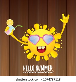 hello summer rock n roll vector label or logo. summer cocktail party poster background with funky smiling sun character wearing sunglasses and holding cocktail glass with lemon and drinking straw.