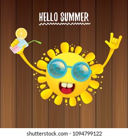 hello summer rock n roll vector label or logo. summer cocktail party poster background with funky smiling sun character wearing sunglasses and holding cocktail glass with lemon and drinking straw.