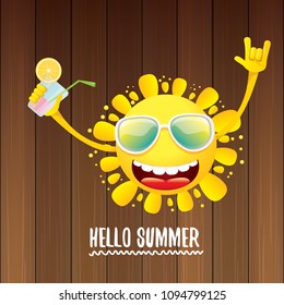 hello summer rock n roll vector label or logo. summer cocktail party poster background with funky smiling sun character wearing sunglasses and holding cocktail glass with lemon and drinking straw.