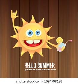 hello summer rock n roll vector label or logo. summer cocktail party poster background with funky smiling sun character wearing sunglasses and holding cocktail glass with lemon and drinking straw.