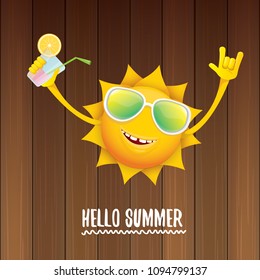 hello summer rock n roll vector label or logo. summer cocktail party poster background with funky smiling sun character wearing sunglasses and holding cocktail glass with lemon and drinking straw.