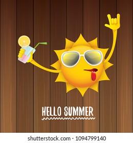 hello summer rock n roll vector label or logo. summer cocktail party poster background with funky smiling sun character wearing sunglasses and holding cocktail glass with lemon and drinking straw.