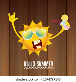 hello summer rock n roll vector label or logo. summer cocktail party poster background with funky smiling sun character wearing sunglasses and holding cocktail glass with lemon and drinking straw.