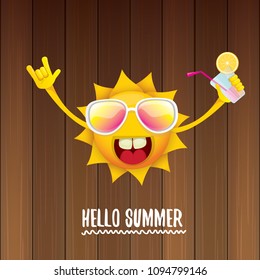 hello summer rock n roll vector label or logo. summer cocktail party poster background with funky smiling sun character wearing sunglasses and holding cocktail glass with lemon and drinking straw.