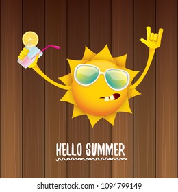 hello summer rock n roll vector label or logo. summer cocktail party poster background with funky smiling sun character wearing sunglasses and holding cocktail glass with lemon and drinking straw.