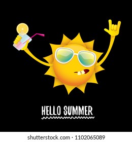 hello summer rock n roll vector label or logo. summer cocktail party poster background with funky smiling sun character wearing sunglasses and holding cocktail glass with lemon and drinking straw.