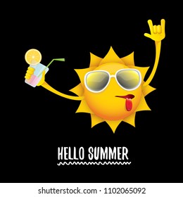 hello summer rock n roll vector label or logo. summer cocktail party poster background with funky smiling sun character wearing sunglasses and holding cocktail glass with lemon and drinking straw.