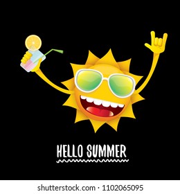 hello summer rock n roll vector label or logo. summer cocktail party poster background with funky smiling sun character wearing sunglasses and holding cocktail glass with lemon and drinking straw.