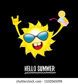 hello summer rock n roll vector label or logo. summer cocktail party poster background with funky smiling sun character wearing sunglasses and holding cocktail glass with lemon and drinking straw.
