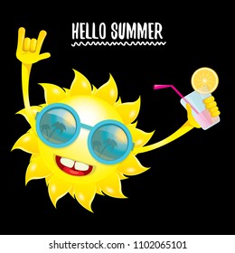 hello summer rock n roll vector label or logo. summer cocktail party poster background with funky smiling sun character wearing sunglasses and holding cocktail glass with lemon and drinking straw.
