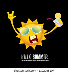 hello summer rock n roll vector label or logo. summer cocktail party poster background with funky smiling sun character wearing sunglasses and holding cocktail glass with lemon and drinking straw.