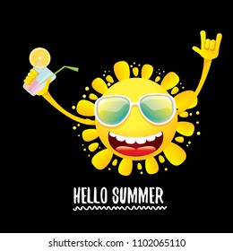 hello summer rock n roll vector label or logo. summer cocktail party poster background with funky smiling sun character wearing sunglasses and holding cocktail glass with lemon and drinking straw.