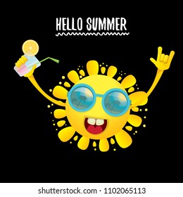 hello summer rock n roll vector label or logo. summer cocktail party poster background with funky smiling sun character wearing sunglasses and holding cocktail glass with lemon and drinking straw.