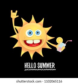 hello summer rock n roll vector label or logo. summer cocktail party poster background with funky smiling sun character wearing sunglasses and holding cocktail glass with lemon and drinking straw.