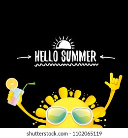 hello summer rock n roll vector label or logo. summer cocktail party poster background with funky smiling sun character wearing sunglasses and holding cocktail glass with lemon and drinking straw.