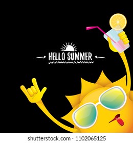 hello summer rock n roll vector label or logo. summer cocktail party poster background with funky smiling sun character wearing sunglasses and holding cocktail glass with lemon and drinking straw.