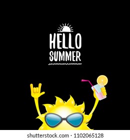 hello summer rock n roll vector label or logo. summer cocktail party poster background with funky smiling sun character wearing sunglasses and holding cocktail glass with lemon and drinking straw.