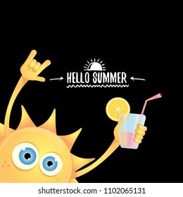 hello summer rock n roll vector label or logo. summer cocktail party poster background with funky smiling sun character wearing sunglasses and holding cocktail glass with lemon and drinking straw.