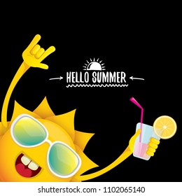 hello summer rock n roll vector label or logo. summer cocktail party poster background with funky smiling sun character wearing sunglasses and holding cocktail glass with lemon and drinking straw.