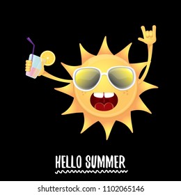 hello summer rock n roll vector label or logo. summer cocktail party poster background with funky smiling sun character wearing sunglasses and holding cocktail glass with lemon and drinking straw.