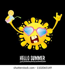 hello summer rock n roll vector label or logo. summer cocktail party poster background with funky smiling sun character wearing sunglasses and holding cocktail glass with lemon and drinking straw.