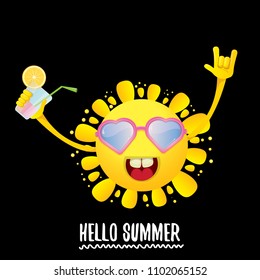 hello summer rock n roll vector label or logo. summer cocktail party poster background with funky smiling sun character wearing sunglasses and holding cocktail glass with lemon and drinking straw.