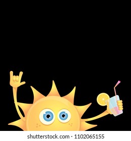 hello summer rock n roll vector label or logo. summer cocktail party poster background with funky smiling sun character wearing sunglasses and holding cocktail glass with lemon and drinking straw.