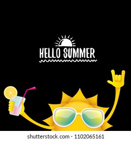 hello summer rock n roll vector label or logo. summer cocktail party poster background with funky smiling sun character wearing sunglasses and holding cocktail glass with lemon and drinking straw.