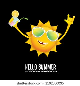 hello summer rock n roll vector label or logo. summer cocktail party poster background with funky smiling sun character wearing sunglasses and holding cocktail glass with lemon and drinking straw.