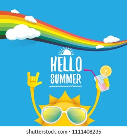 hello summer rock n roll vector label or logo. summer cocktail party poster background with rainbow, funky smiling sun character wearing sunglasses and holding cocktail glass with drinking straw