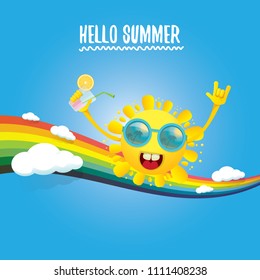 hello summer rock n roll vector label or logo. summer cocktail party poster background with rainbow, funky smiling sun character wearing sunglasses and holding cocktail glass with drinking straw