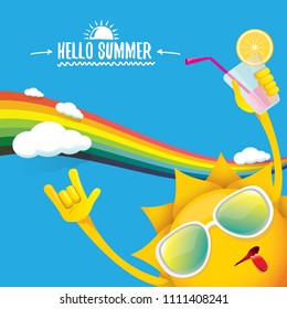 hello summer rock n roll vector label or logo. summer cocktail party poster background with rainbow, funky smiling sun character wearing sunglasses and holding cocktail glass with drinking straw