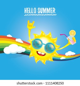 hello summer rock n roll vector label or logo. summer cocktail party poster background with rainbow, funky smiling sun character wearing sunglasses and holding cocktail glass with drinking straw