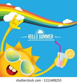 hello summer rock n roll vector label or logo. summer cocktail party poster background with rainbow, funky smiling sun character wearing sunglasses and holding cocktail glass with drinking straw
