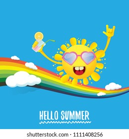 hello summer rock n roll vector label or logo. summer cocktail party poster background with rainbow, funky smiling sun character wearing sunglasses and holding cocktail glass with drinking straw