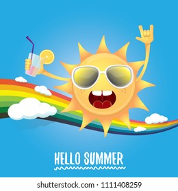 hello summer rock n roll vector label or logo. summer cocktail party poster background with rainbow, funky smiling sun character wearing sunglasses and holding cocktail glass with drinking straw