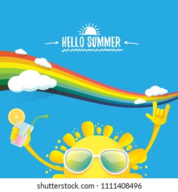 hello summer rock n roll vector label or logo. summer cocktail party poster background with rainbow, funky smiling sun character wearing sunglasses and holding cocktail glass with drinking straw