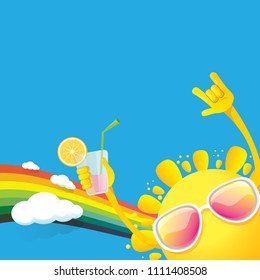 hello summer rock n roll vector label or logo. summer cocktail party poster background with rainbow, funky smiling sun character wearing sunglasses and holding cocktail glass with drinking straw