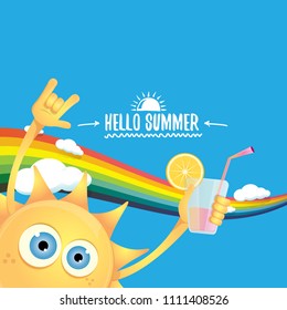 hello summer rock n roll vector label or logo. summer cocktail party poster background with rainbow, funky smiling sun character wearing sunglasses and holding cocktail glass with drinking straw