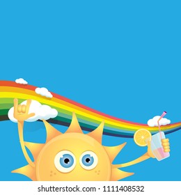 hello summer rock n roll vector label or logo. summer cocktail party poster background with rainbow, funky smiling sun character wearing sunglasses and holding cocktail glass with drinking straw