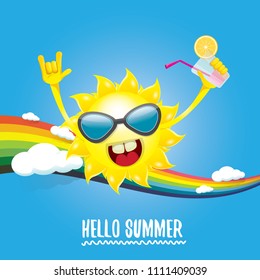 hello summer rock n roll vector label or logo. summer cocktail party poster background with rainbow, funky smiling sun character wearing sunglasses and holding cocktail glass with drinking straw