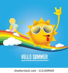 hello summer rock n roll vector label or logo. summer cocktail party poster background with rainbow, funky smiling sun character wearing sunglasses and holding cocktail glass with drinking straw