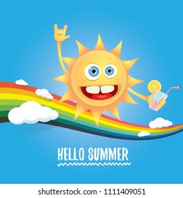 hello summer rock n roll vector label or logo. summer cocktail party poster background with rainbow, funky smiling sun character wearing sunglasses and holding cocktail glass with drinking straw