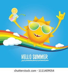 hello summer rock n roll vector label or logo. summer cocktail party poster background with rainbow, funky smiling sun character wearing sunglasses and holding cocktail glass with drinking straw