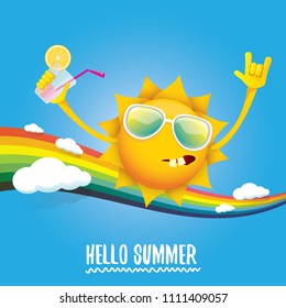 hello summer rock n roll vector label or logo. summer cocktail party poster background with rainbow, funky smiling sun character wearing sunglasses and holding cocktail glass with drinking straw