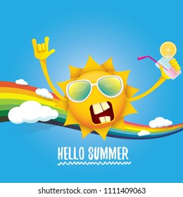 hello summer rock n roll vector label or logo. summer cocktail party poster background with rainbow, funky smiling sun character wearing sunglasses and holding cocktail glass with drinking straw